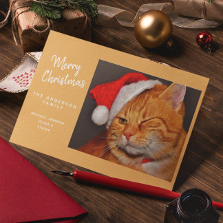 Funny Merry Christmas Orange Cat with Santa Hat Holiday Card