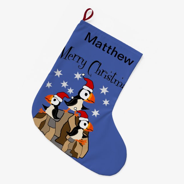 Funny Merry Christmas Puffin Birds and Snow Large Christmas Stocking (Front (Hanging))