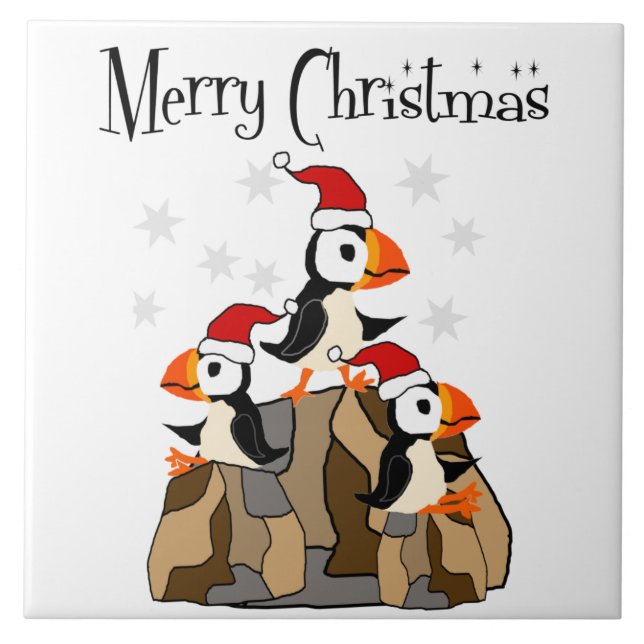 Funny Merry Christmas Puffin Birds and Snow Tile (Front)
