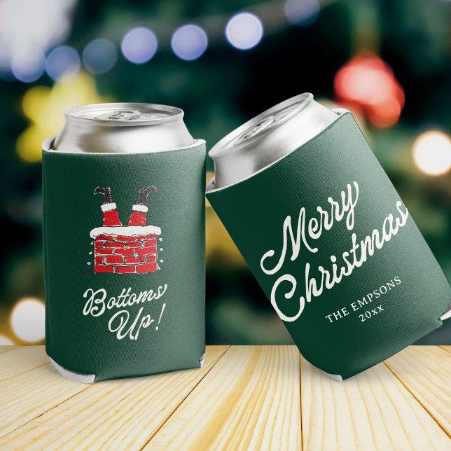 Funny Merry Christmas Santa Bottoms Up Friendmas Can Cooler (Green Christmas can cooler with Santa’s legs upside down in a chimney and text reading Bottoms Up.)