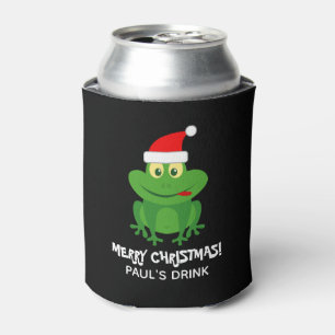 Funny Merry Christmas Santa Claus frog cartoon Can Cooler