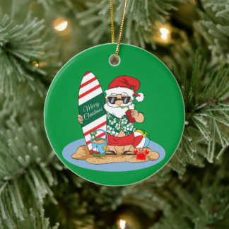 Funny Merry Christmas Santa on Summer Surf Beach Ceramic Tree Decoration
