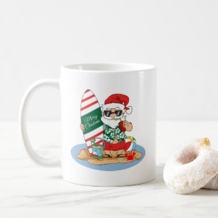 Funny Merry Christmas Santa on Summer Surf Beach Coffee Mug