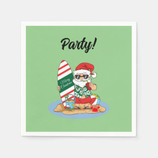 Funny Merry Christmas Santa on Summer Surf Beach Napkin
