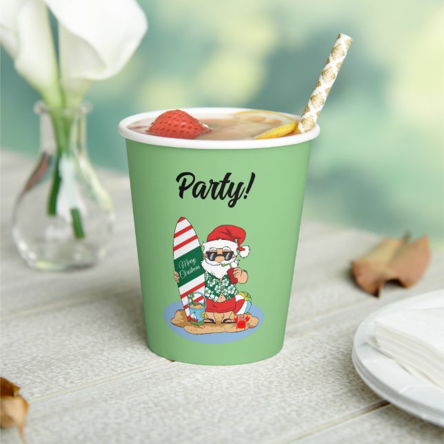 Funny Merry Christmas Santa on Summer Surf Beach Paper Cups (Insitu)