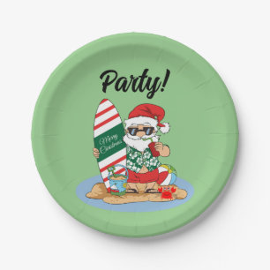 Funny Merry Christmas Santa on Summer Surf Beach Paper Plate
