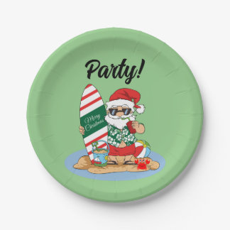 Funny Merry Christmas Santa on Summer Surf Beach Paper Plate