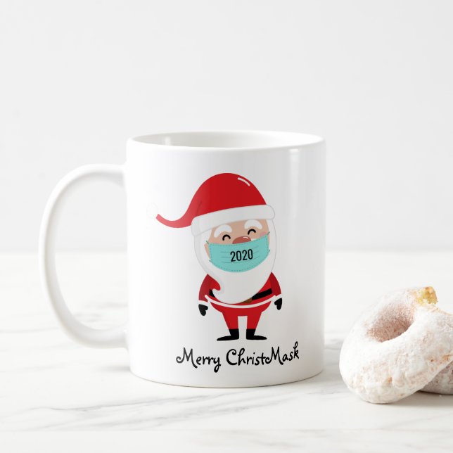 Funny Merry Christmas Santa wearing Mask 2020 Coffee Mug (With Donut)