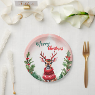 Funny Merry Christmas Wreath Cute deer reindeer Paper Plate