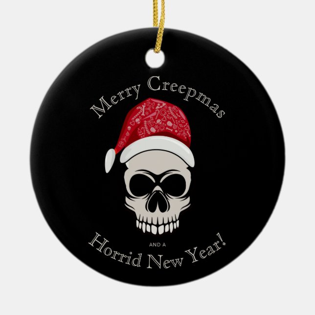 Funny Merry Creepmas Skull Santa Names Ceramic Tree Decoration (Front)