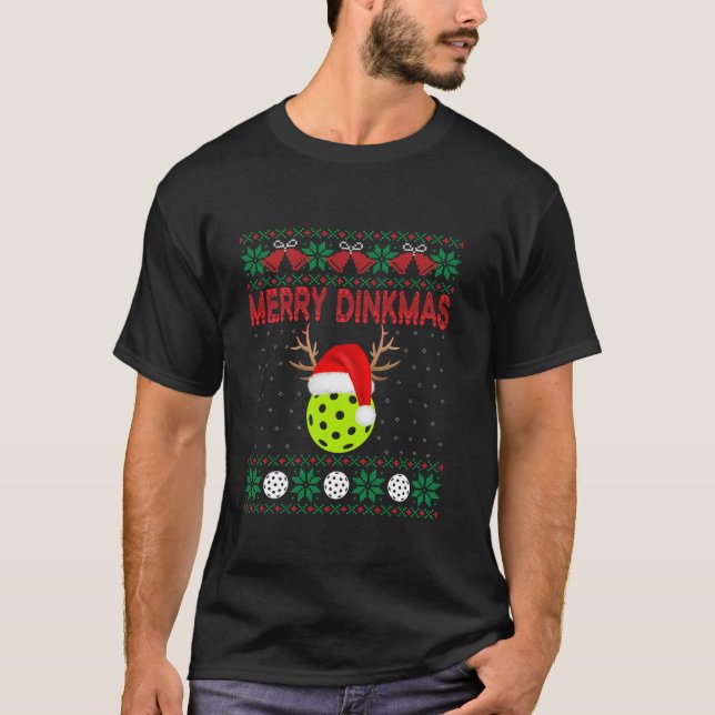 Funny Merry Dinkmas Reindeer Santa Xmas Pickleball T-Shirt (Front)