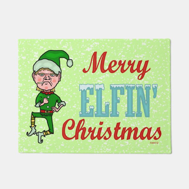 Funny Merry Elfin Christmas Bah Humbug Holiday Elf Doormat (Front)