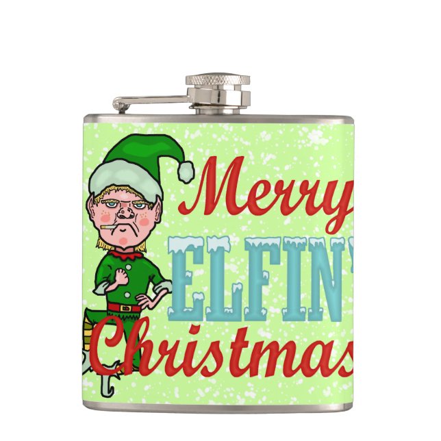 Funny Merry Elfin Christmas Pun Hip Flask (Front)