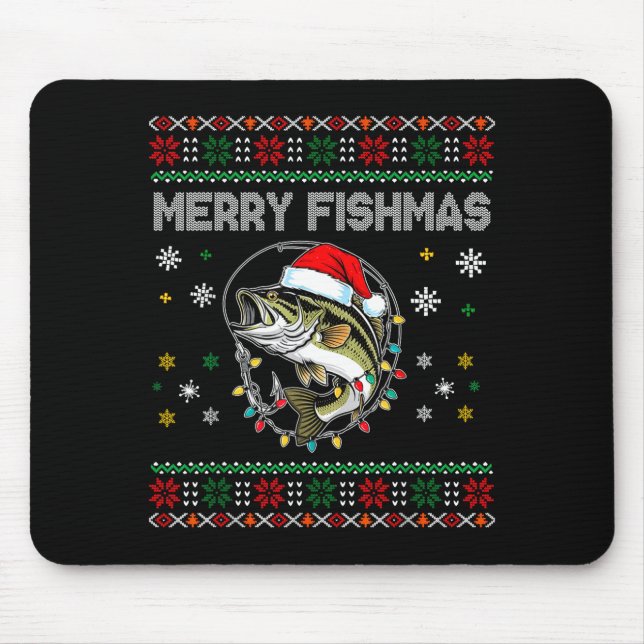 Funny Merry Fishmas B Fishing Christmas Ugly Sweat Mouse Mat (Front)
