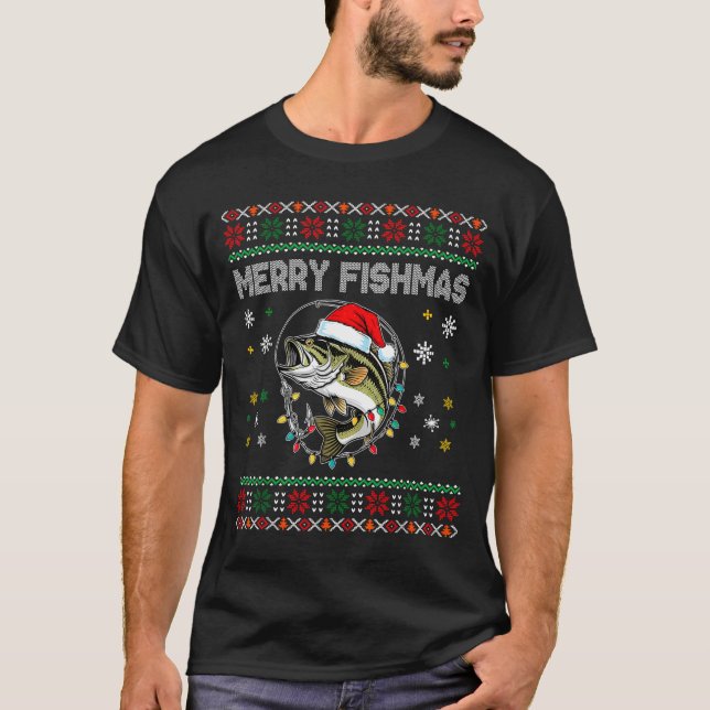 Funny Merry Fishmas B Fishing Christmas Ugly Sweat T-Shirt (Front)
