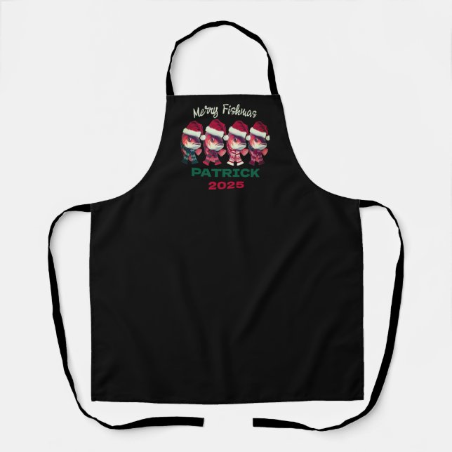 Funny Merry Fishmas Christmas Fishing Black Apron (Front)
