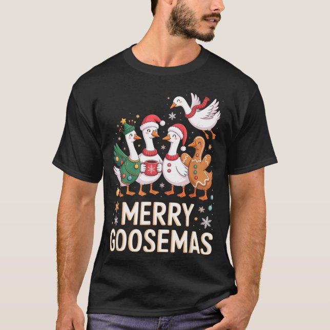 Funny Merry Goosemas Christmas Xmas Goose Family H T-Shirt (Front)