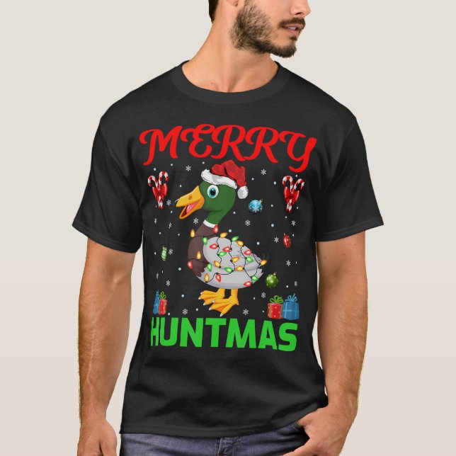 Funny Merry Huntmas Xmas Lighting Duck Hunting Chr T-Shirt (Front)