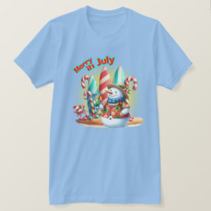 Funny Merry in July Snowman Surfboards on Beach T-Shirt