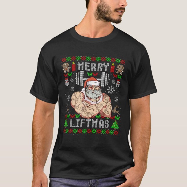 Funny Merry Liftmas Ugly Christmas Workout Powerli T-Shirt (Front)