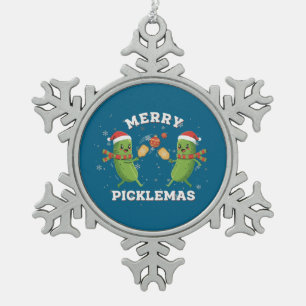 Funny Merry Picklemas Cute Christmas Pickleball Snowflake Pewter Christmas Ornament
