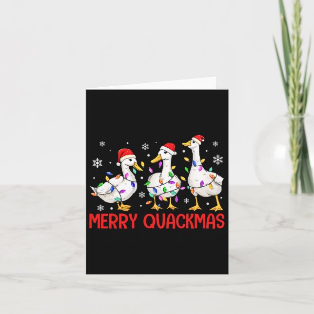 Funny Merry Quackmas Duck Santa Hat Christmas Ligh Card (Front)