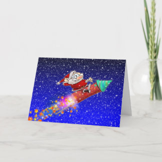 Funny Merry Santa Riding A New Years Rocket Holiday Card