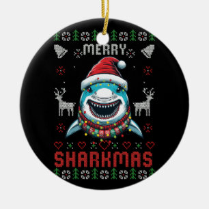 Funny Merry Sharkmas Ugly Christmas Shark Wearing Ceramic Tree Decoration