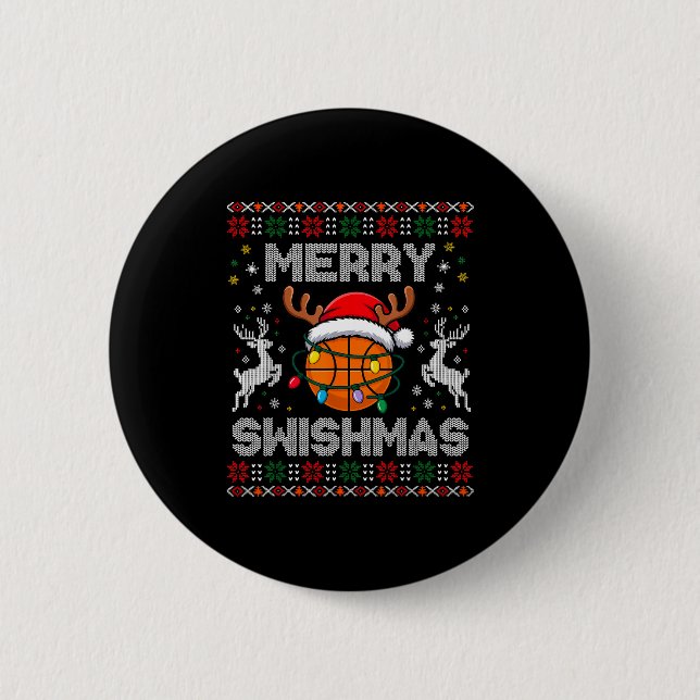 Funny Merry Swishmas Basketball Christmas Reindeer 6 Cm Round Badge (Front)