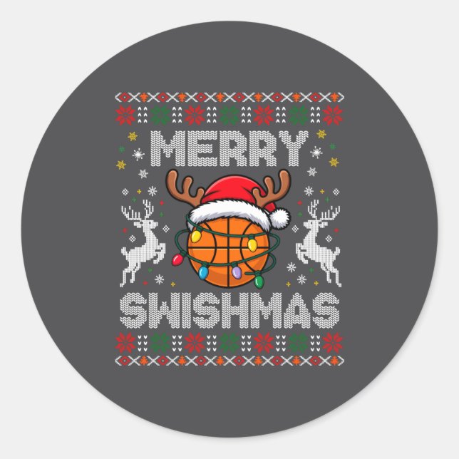Funny Merry Swishmas Basketball Christmas Reindeer Classic Round Sticker (Front)