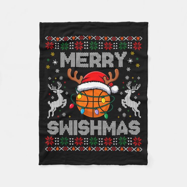 Funny Merry Swishmas Basketball Christmas Reindeer Fleece Blanket (Front)