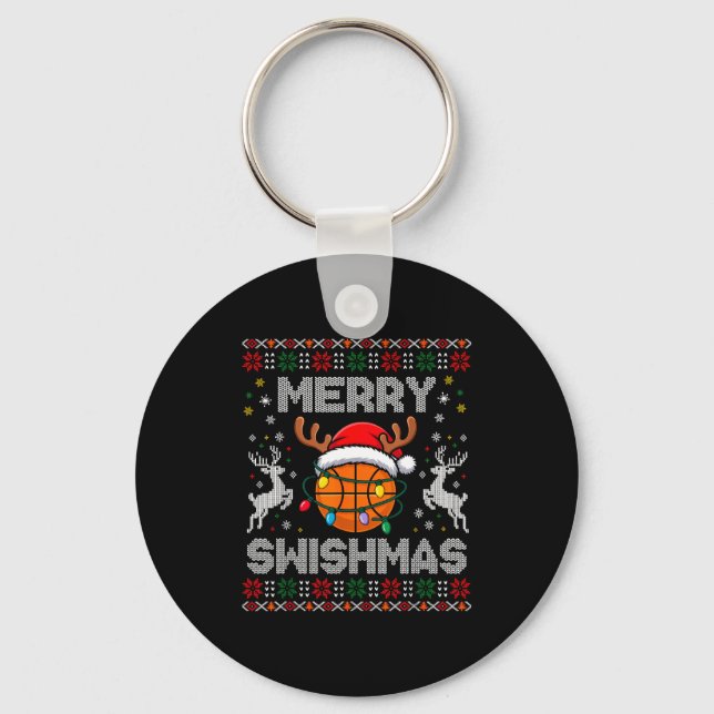 Funny Merry Swishmas Basketball Christmas Reindeer Key Ring (Front)