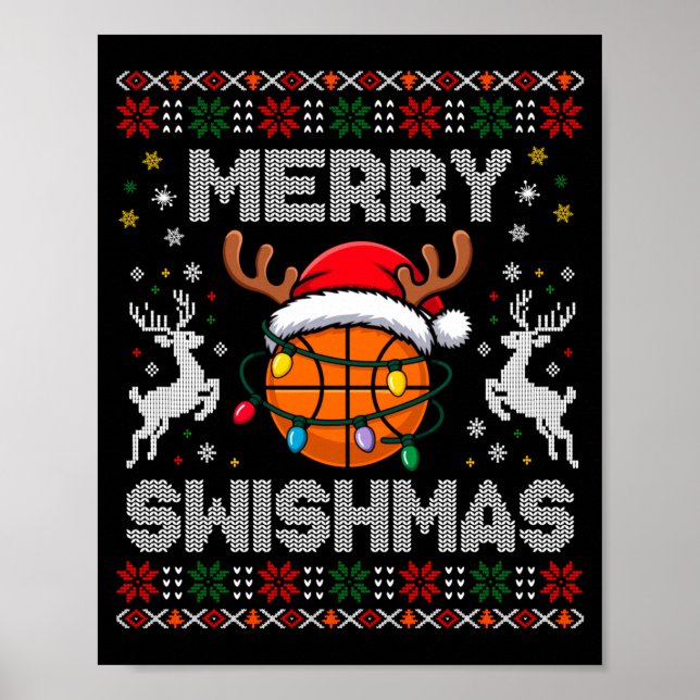 Funny Merry Swishmas Basketball Christmas Reindeer Poster (Front)