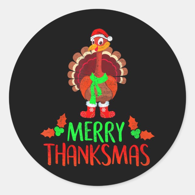 Funny Merry Thanksmas Festive Thanksgiving Classic Round Sticker (Front)