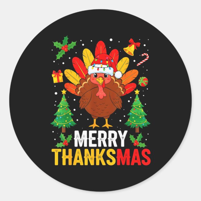 Funny Merry Thanksmas Happy Thanksgiving Santa Tur Classic Round Sticker (Front)