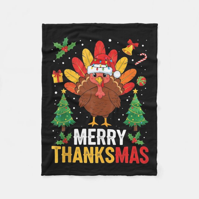 Funny Merry Thanksmas Happy Thanksgiving Santa Tur Fleece Blanket (Front)