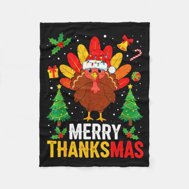 Funny Merry Thanksmas Happy Thanksgiving Santa Tur Fleece Blanket (Front)
