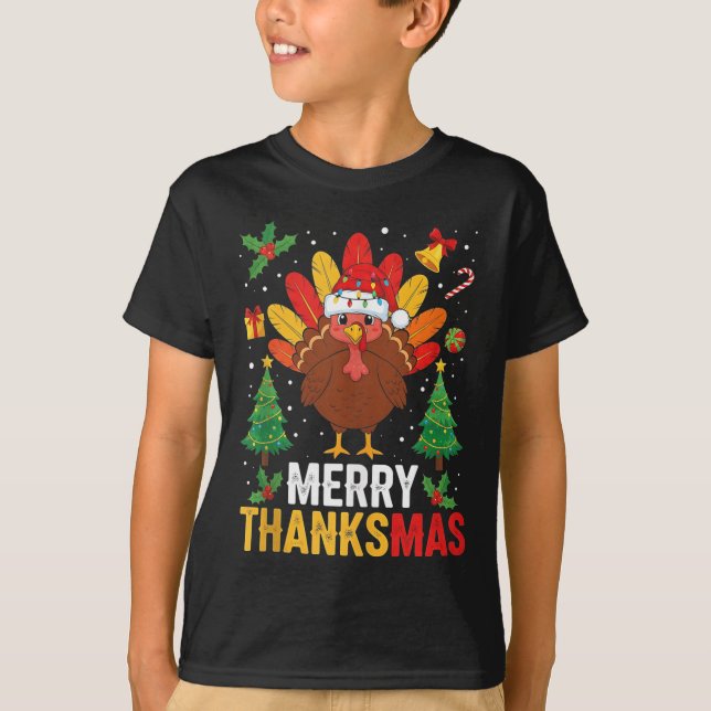 Funny Merry Thanksmas Happy Thanksgiving Santa Tur T-Shirt (Front)
