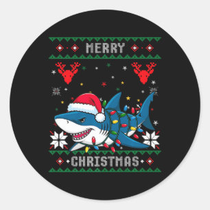 Funny Merry Ugly Christmas Shark Santa Hat Lights  Classic Round Sticker