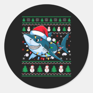 Funny Merry Ugly Christmas Shark Santa Hat Lights Classic Round Sticker