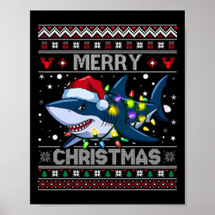 Funny Merry Ugly Christmas Shark Santa Hat Lights Poster