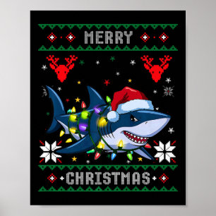 Funny Merry Ugly Christmas Shark Santa Hat Lights Poster
