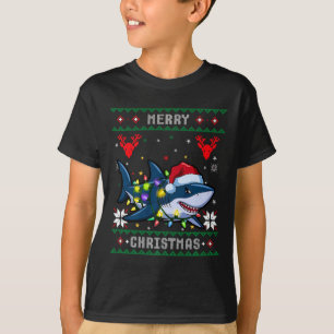 Funny Merry Ugly Christmas Shark Santa Hat Lights T-Shirt