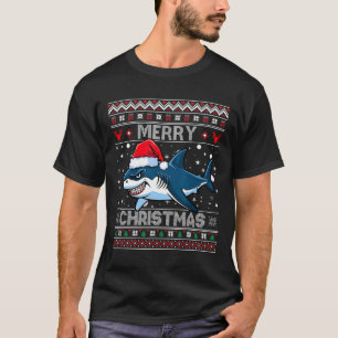 Funny Merry Ugly Christmas Shark Santa Hat Lights T-Shirt