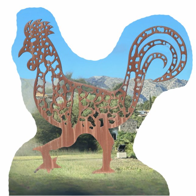 Funny Metal Chicken Rooster Standing Photo Sculpture (Front)