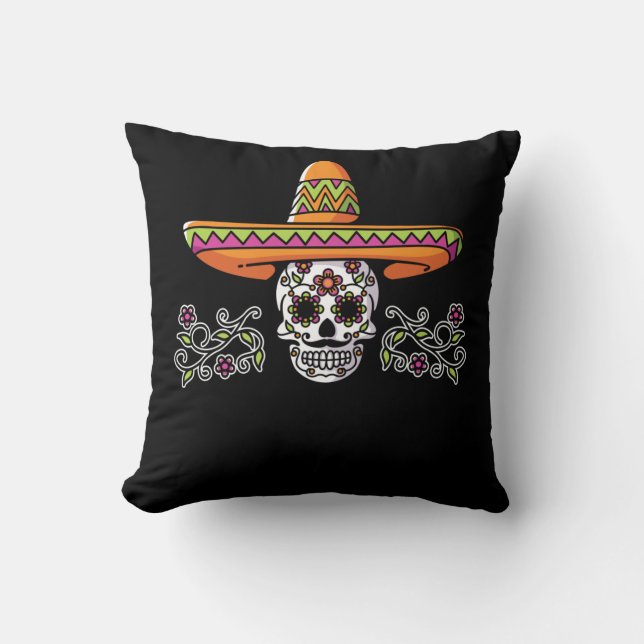 Funny Mexican Skull Sombrero Cinco de Mayo Cushion (Front)