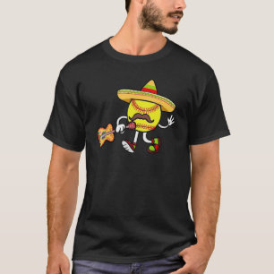 Funny Mexican Softball Ball Sombrero Guitar Cinco  T-Shirt