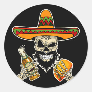 Funny Mexican Sugar Skull With Tacos And Beer Classic Round Sticker