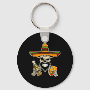 Funny Mexican Sugar Skull With Tacos And Beer Key Ring