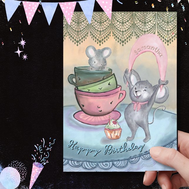Funny  Mice Teacup Personalised Birthday Card (Funny Mice in Teacup Persnalized Birthday Card)